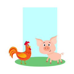 Poster, label, banner template with farm baby pig and red rooster, cartoon vector illustration. Cute and funny farm pig and rooster with friendly faces and big eyes on banner, poster, card template