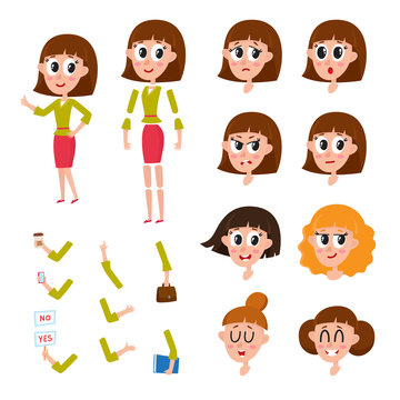 Woman, girl character creation set with different faces, hairs, emotions, cartoon vector illustration isolated on white background. Funny woman, girl creation set, constructor, animation ready
