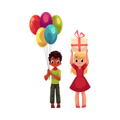 Black boy with bunch of balloons and blond girl holding birthday gift, cartoon vector illustration isolated on white background. Two kids, boy and girl, celebrating birthday, holding balloons and gift