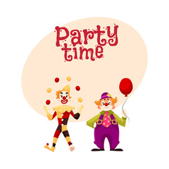 Two cheerful clown on a holiday, vector cartoon style invitation, banner, poster, greeting card design. funny cartoon clown shows tricks, funny comic clown holding balloon, funny faces