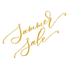 Summer sale hand lettering, with gold glitter effect and light sparkles, isolated on white background. Vector illustration. Can be used for merchandise or advertising.