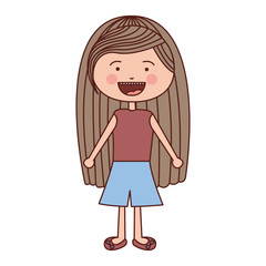 color silhouette smile expression cartoon brown long hair girl with shirt and skirt vector illustration