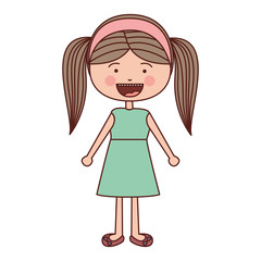 color silhouette smile expression cartoon pigtails hair girl with dress vector illustration