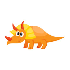 Cute and funny smiling baby triceratops, dinosaur, cartoon vector illustration isolated on white background. Funny, happy triceratops dinosaur character, decoration element
