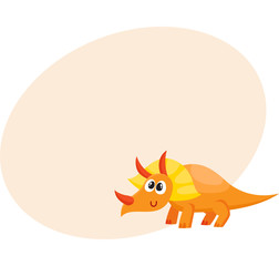 Cute and funny smiling baby triceratops, dinosaur, cartoon vector illustration with space for text. Funny, happy triceratops dinosaur character, decoration element