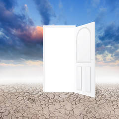 Drought land with an open door in wihte background
