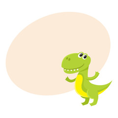 Cute and funny smiling baby tyrannosaurus, dinosaur, cartoon vector illustration with space for text. Funny, happy T-rex dinosaur, tyrannosaurus character, decoration element