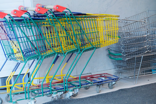 Shop trolley in a supermarket close up