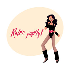 Retro disco party invitation, poster template with girl in 1980s style aerobics outfit, cartoon vector illustration. 80s style retro disco party invitation banner, poster layout with aerobics girl