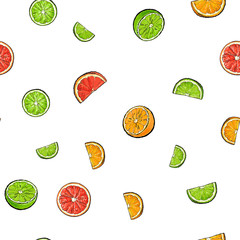Seamless pattern of whole and cut limes, oranges, grapefruits, textile, backdrop design, sketch vector illustration on white background. Seamless pattern of hand drawn limes, oranges, grapefruits