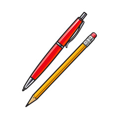 Simple hand drawn ball point pen and pencil, office supplies, sketch style vector illustration isolated on white background. Realistic hand drawing of red school pen and yellow graphite pencil