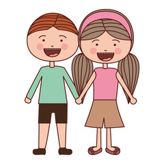 color silhouette smile expression cartoon brown boy hair and girl pigtails hairstyle with taken hands vector illustration