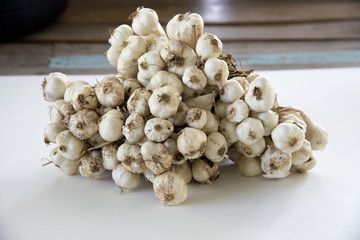 Raw garlic on wood table for cooking