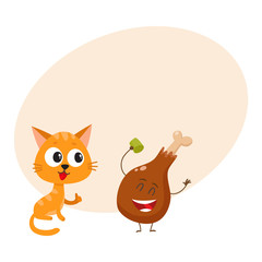 Cute and funny red cat, kitten character looking heartily at chicken stick, drumstick, cartoon vector illustration with space for text. Funny red cat, kitten character and piece of steak