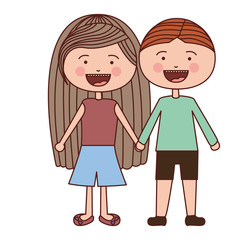 color silhouette smile expression cartoon couple kids in casual clothes with taken hands vector illustration