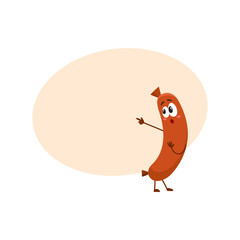 Cute and funny sausage character with human face pointing to something with fear, showing love, cartoon vector illustration with space for text. Sausage character, mascot, scared, fear