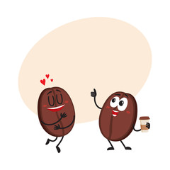 Two funny coffee bean characters, one showing love, another holding cup with thumb up, cartoon vector illustration with space for text. Two coffee bean characters, mascots, design elements