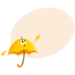 Funny yellow umbrella character with human face pointing to something with surprise, cartoon vector illustration with space for text. Umbrella, parasol character, mascot, with pointing finger
