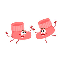 Pair of funny baby booty, sock characters playing together, infant, newborn accessory, cartoon vector illustration isolated on white background. Baby booties characters, mascot playing together