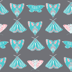 Summer moth seamless vector pattern.  Happy and colorful design.