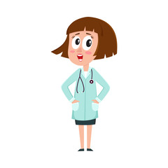 Fototapeta premium Comic woman doctor character with bob haircut standing hands in pockets, cartoon vector illustration isolated on white background. Full length portrait of funny woman doctor looking surprised
