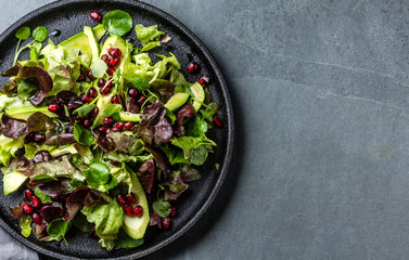 Healthy lettuce watercress salad with pomegranate. Top view
