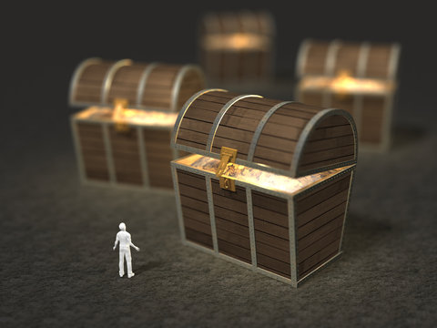 Male figure looking up at the treasure box