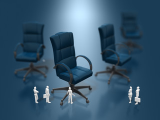 Business figures looking at the blue business chair