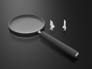 Business figures looking at magnifying glasses