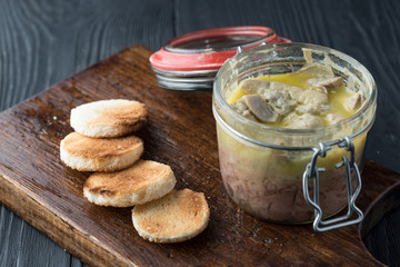 Preserved  Foie gras in jar  and sandwiches