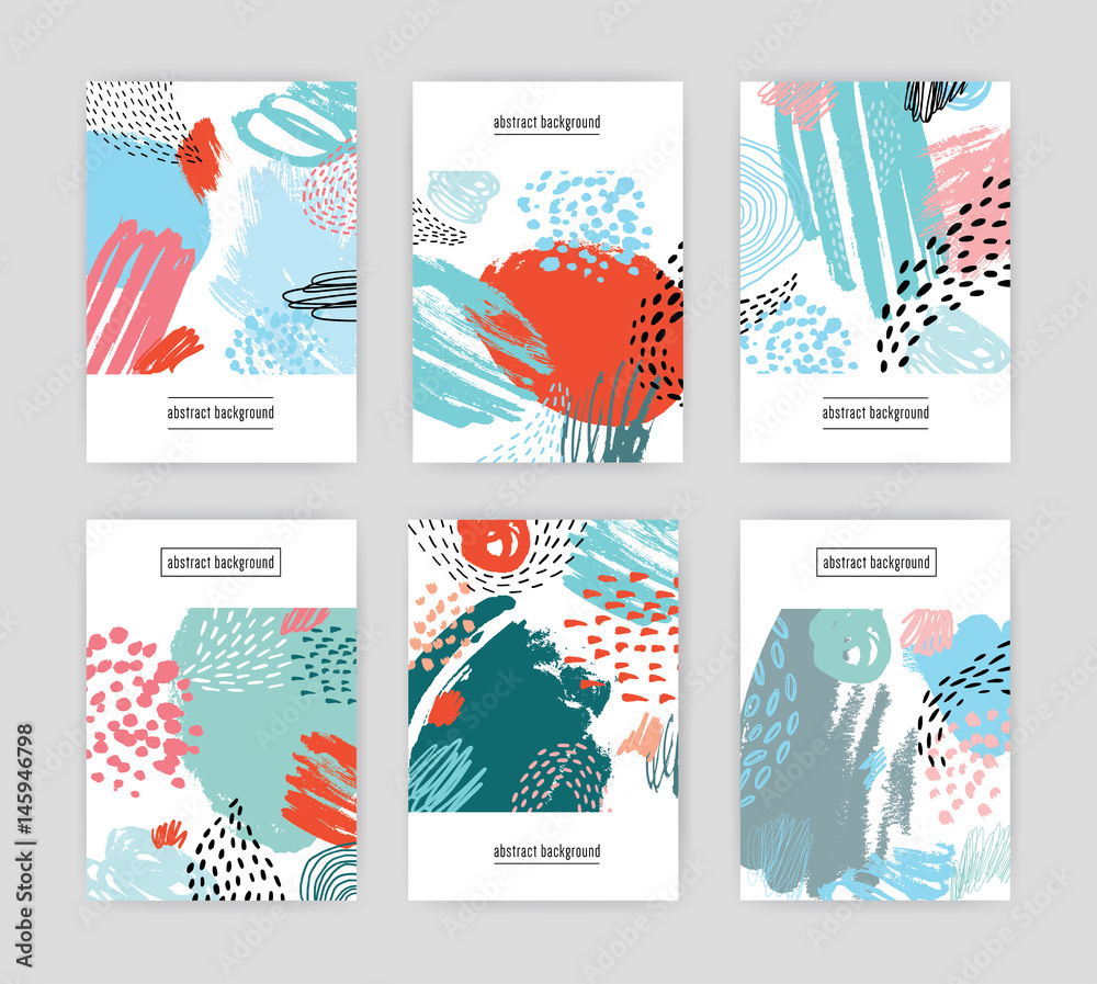 Aufkleber creative cards with abstract pattern, hand drawn doodle textures. collection colorful background wit
