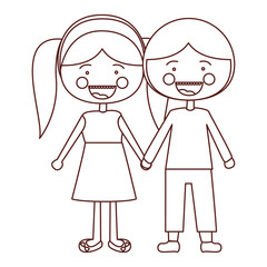 sketch contour smile expression cartoon guy and girl pigtails hairstyle with taken hands vector illustration