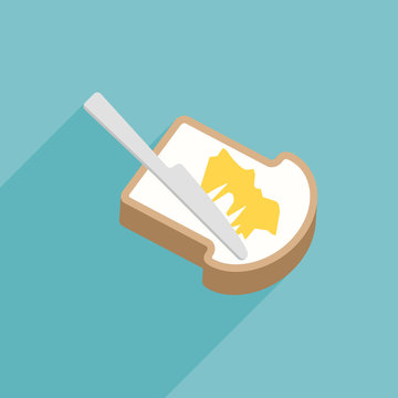 Slice Of Toast Bread With Knife Spreading Butter Or Margarine, Flat Design Vector With Long Shadow