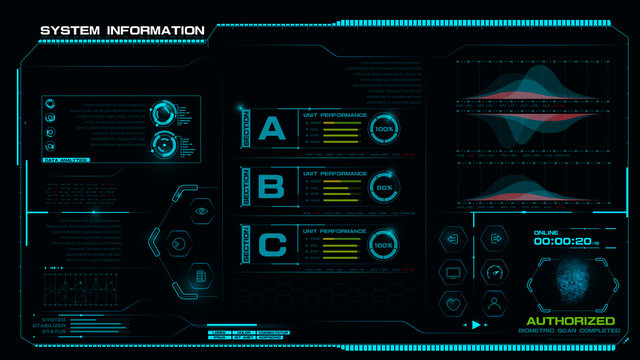 Futuristic HUD and user inter face Cyber technology concept with finger print scan biometric data complete abstract background vector illustration 002