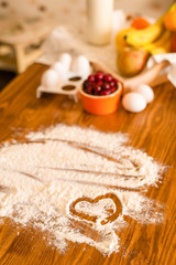 Fototapeta na wymiar ingredients for dessert on kitchen wooden table, cooking, recipe
