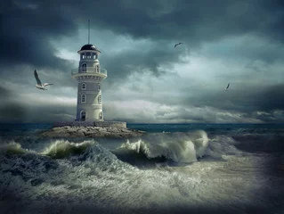 Fotobehang Vuurtoren op de zee onder de hemel © Andrii IURLOV