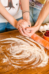 Obraz na płótnie Canvas ingredients for dessert on kitchen wooden table, cooking, recipe