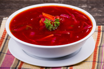 Ukrainian and russian national food - red beet soup, borscht