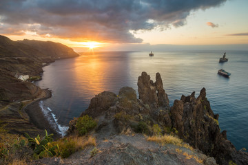 Tenerife, mountains anaga-sunrise over ocean and cliff