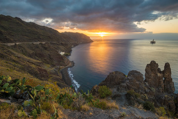Tenerife, mountains anaga-sunrise over ocean and cliff