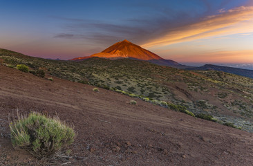 Tenerife, Teide volcano national park,Dawn over the slopes of the volcano, ocean view