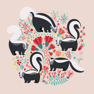 Illustration in flat style with cartoon floral elements, flowers and skunks