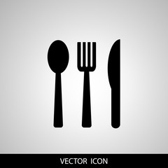 Spoon, knife and Fork Icon. Food, dining, bar, cafe, hotel, eating concept. Sign Isolated on white background. Trendy Flat style