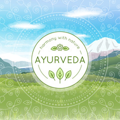 Vector Ayurveda illustration with mountains landscape, ethnic patterns and sample text in a sunny day for use as a template of banner, backdrop or poster for ayurveda medicine center or product.