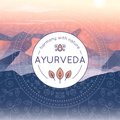 Vector Ayurveda illustration with evening mountain landscape, ethnic patterns and sample text for use as a template of banner, backdrop or poster for ayurveda medicine center or product.