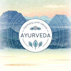 Vector Ayurveda illustration with morning mountain landscape, ethnic patterns and sample text for use as a template of banner, backdrop or poster for ayurveda medicine center or product. - obrazy, fototapety, plakaty