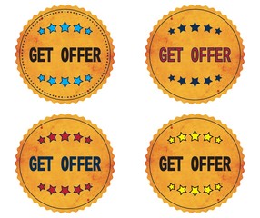 GET OFFER text, on round wavy border vintage, stamp badge.