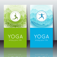 Vector yoga cards with yogi silhouette, mountain landscape, ethnic indian pattern and sample text for use as a template of banner, backdrop, poster, invitation for yoga center, studio or retreat.