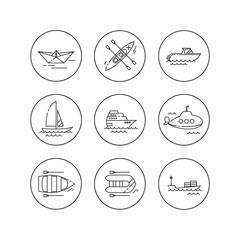 Vector linear flat icons. Water transport.