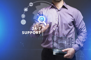 Business, Technology, Internet and network concept. Young businessman working on a virtual screen of the future and sees the inscription: 24-7 Support